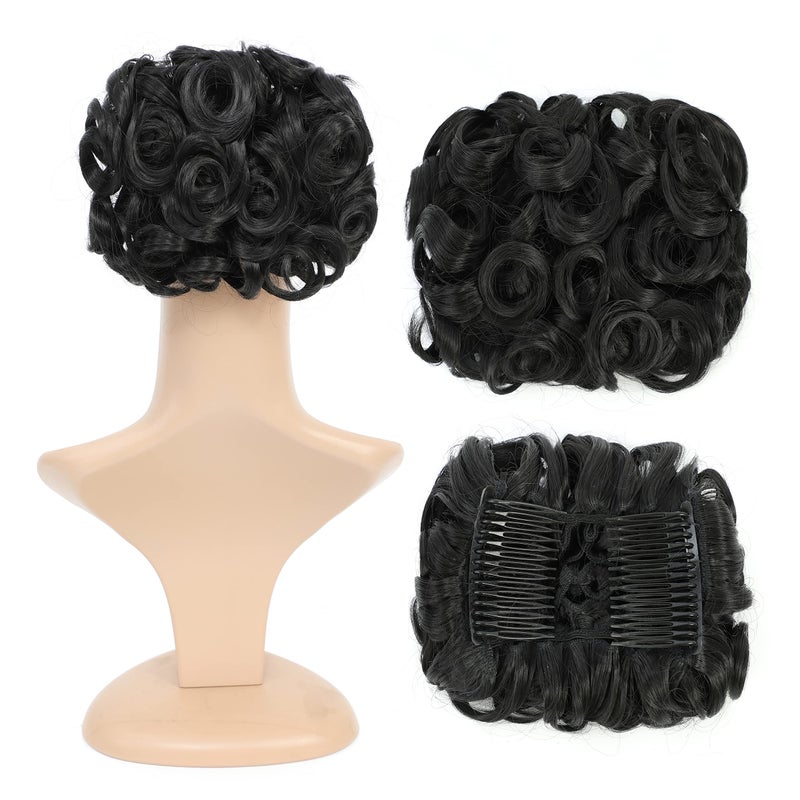 SWACC Short Messy Curly Dish Hair Bun Extension Easy Stretch hair Combs Clip in Ponytail Extension Scrunchie Chignon Tray Ponytail Hairpieces (Off Black-1B#) - Image 1